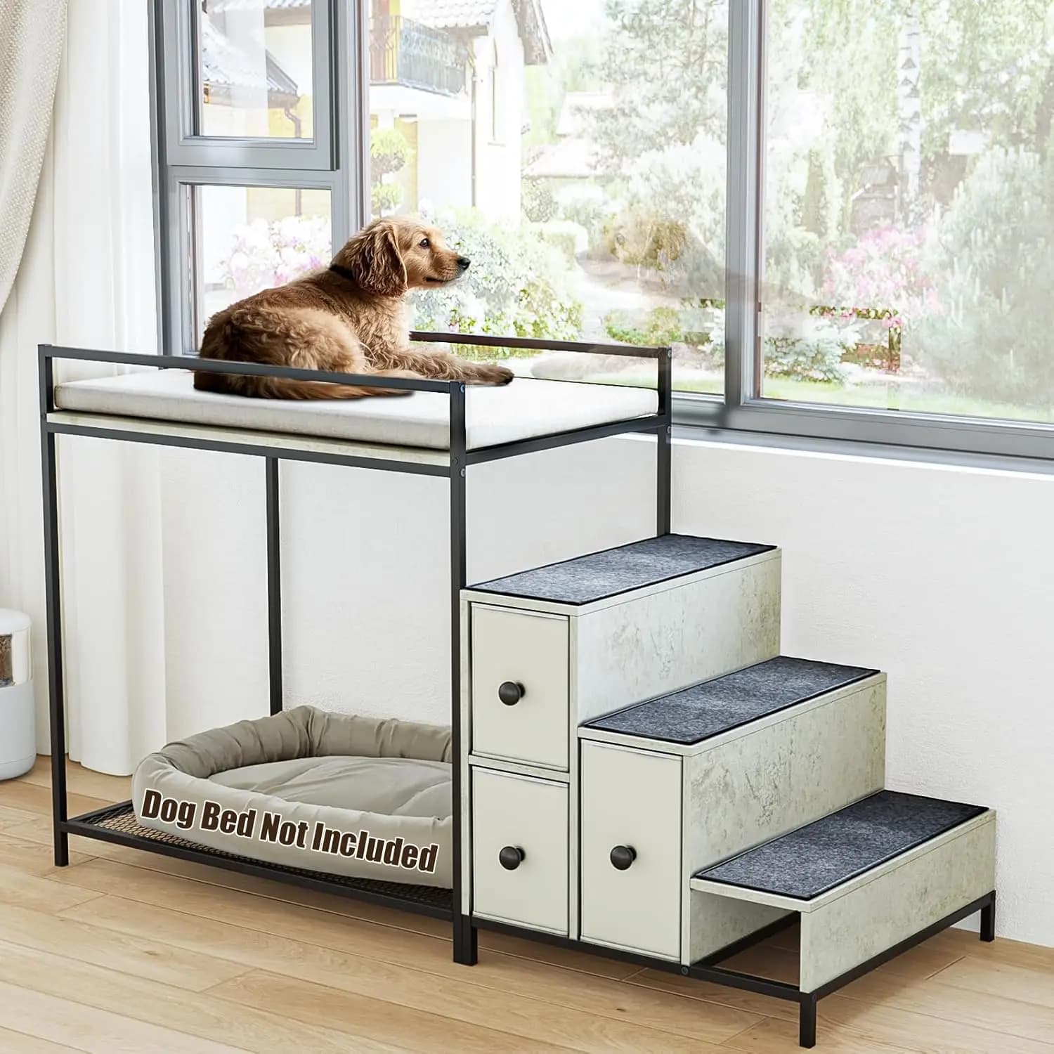 Letto a castello multi-livello per animali domestici con scale e contenitore, cuccia rialzata da finestra per cani e gatti, rivestimento in schiuma grigia