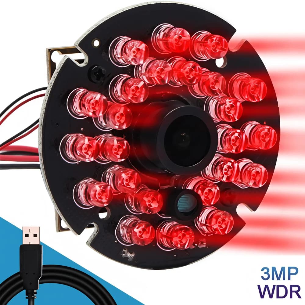 Modulo Telecamera USB ELP 3MP con Visione Notturna, 24 LED IR, Webcam HD H.264 con Microfono, Mini Telecamera a Infrarossi USB2.0 per Sicurezza