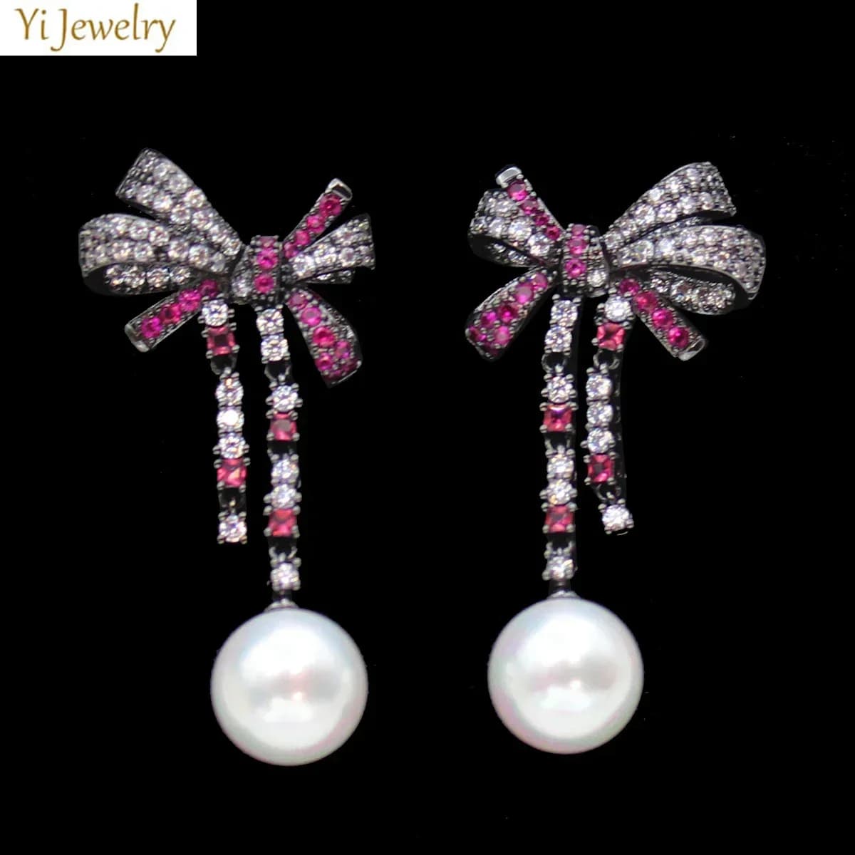 Fushia Bowknot Dangle Earrings for Women Shiny Zircon Cute Imitation Pearl Drop Earrings Female Gift