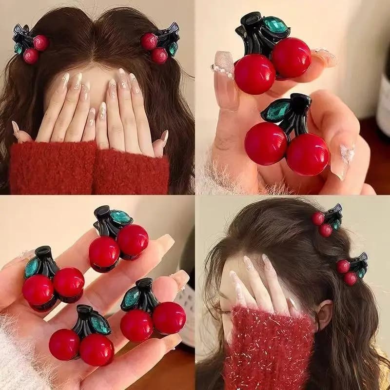 4PCS Red Beads Cherry Small Hair Clips For Girls Sweet Mini Bangs Side Clips Versatile Top Clips Broken Hair Jewelry