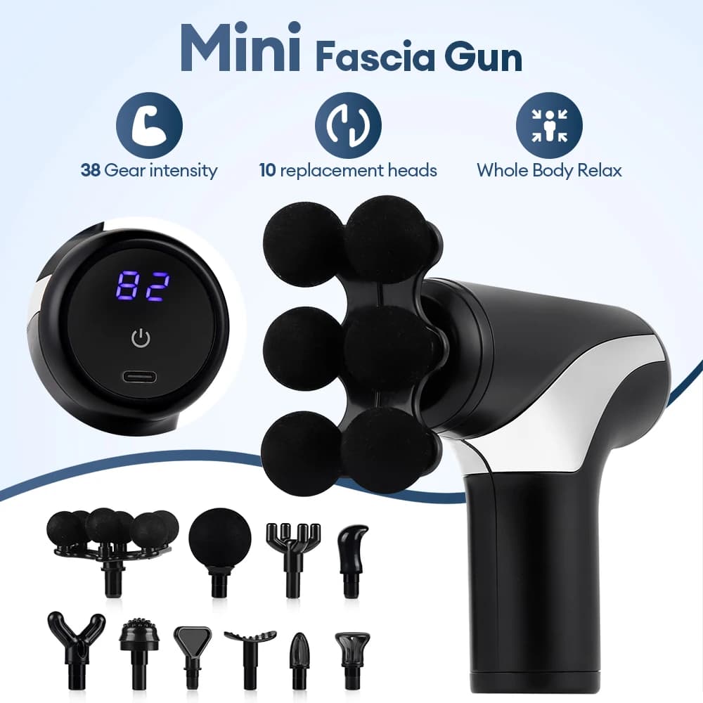 Mini Pistola Massaggiante a 6 Testine, 38 Livelli di Vibrazione ad Alta Frequenza, Massaggiatore Muscolare per Spalle, Vita, Schiena, Gambe e Braccia