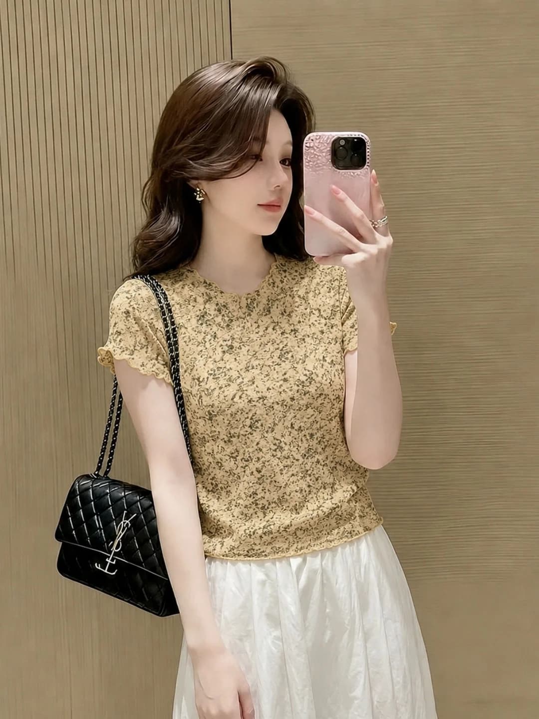 Elegant Floral Print Short Sleeve Slim Fit Women's T-Shirt Soft Comfortable Versatile Summer Top Korean Style round Neck