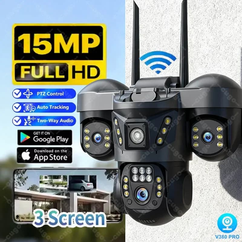 15MP 8K WIFI IP Camera Hree Schermo Tre Obiettivi PTZ Cam Esterna Impermeabile Auto Tracking Smart Home Wireless CCTV Telecamere V380 Pro