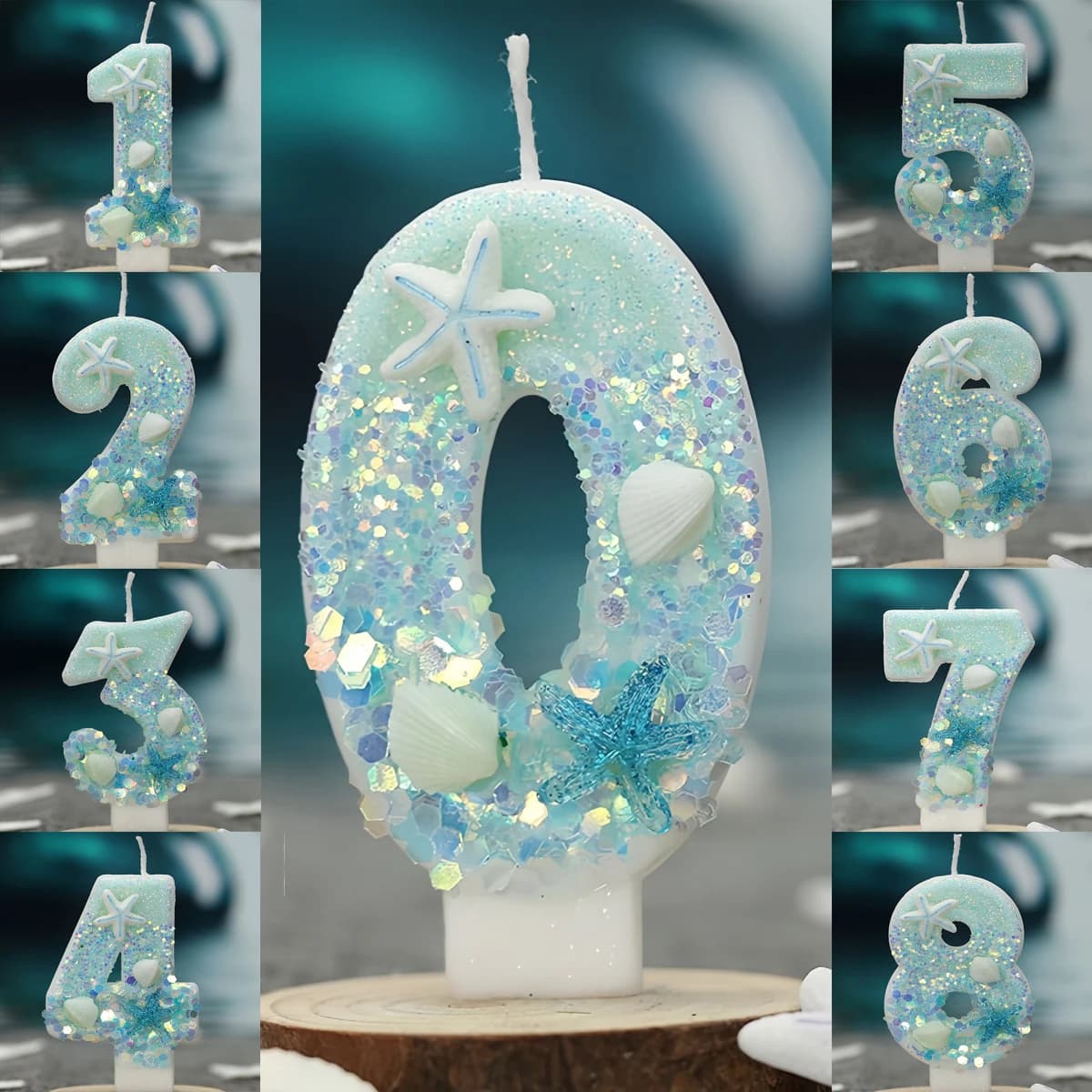 Candeline di compleanno serie Oceano Shell Whispers - Decorazione torta a forma di stella marina blu lago per feste e anniversari