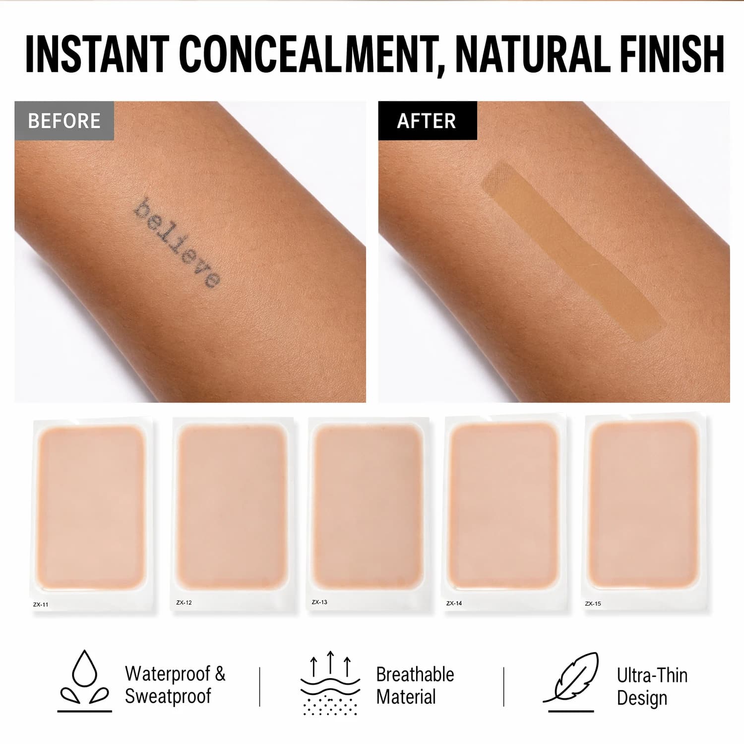 Waterproof Tattoo Concealer Patch 5 Skin Tones Invisible Scar Cover Up Tape Ultra Thin Breathable Sweatproof Hide Tattoo Sticker