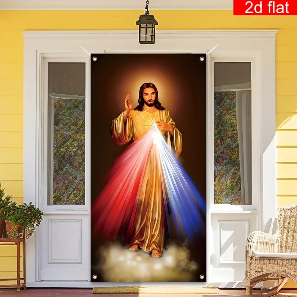 Tenda Piatta 1pz Gesù Misericordioso Banner per Porta d'Ingresso in Poliestere, Sfondo per Feste di Capodanno e Natale, Decorazione per Foto