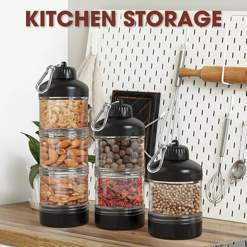 Protein Powder Layer Funnel Powder Container Portable Box and Small for Kitchen Food Storage Grade PC, for Gym Travel
