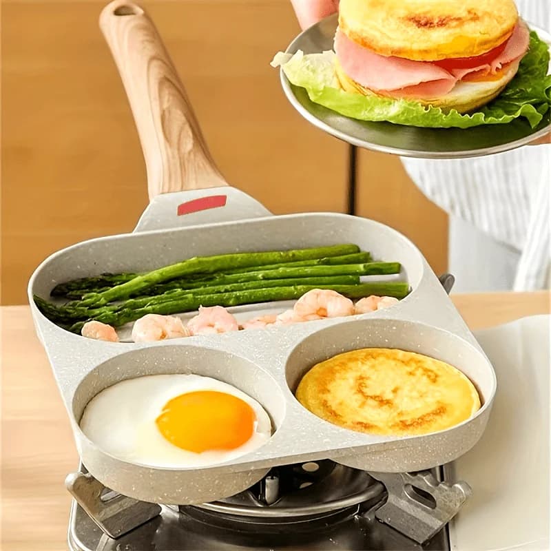 Padella Maifanshi in alluminio antiaderente - 4 scomparti, multiuso per colazione, facile da pulire, manico ergonomico in legno, 1 pezzo