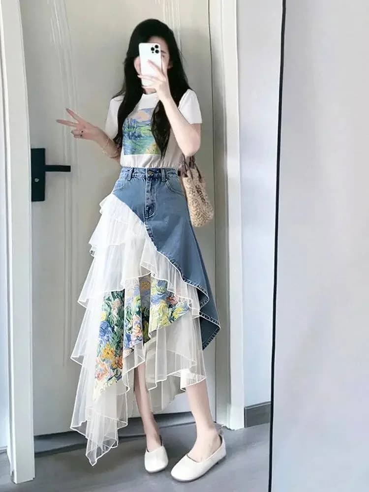 Di lusso Dolce Denim Set Da 2 Pezzi Vestito Delle Donne Del Merletto Patchwork Giacca di Jeans Gonna di Jeans Set Harajuku Top a Maniche Lunghe Autunno Primavera