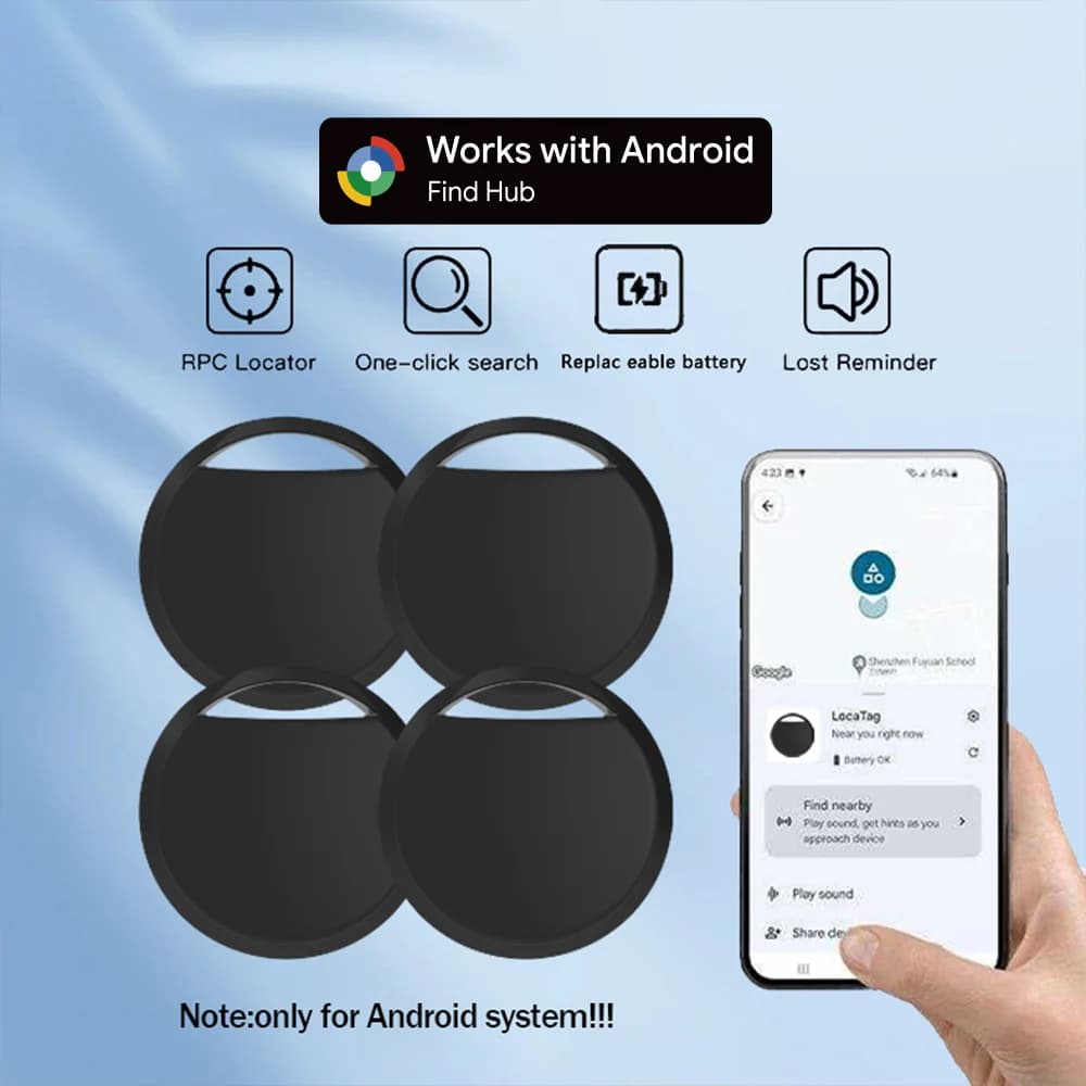 Smart Tag da 4 pezzi: tracker, cicalino integrato, compatibile con Android tramite Google Find Hub, batteria CR2032 e protezione della privacy per borsa