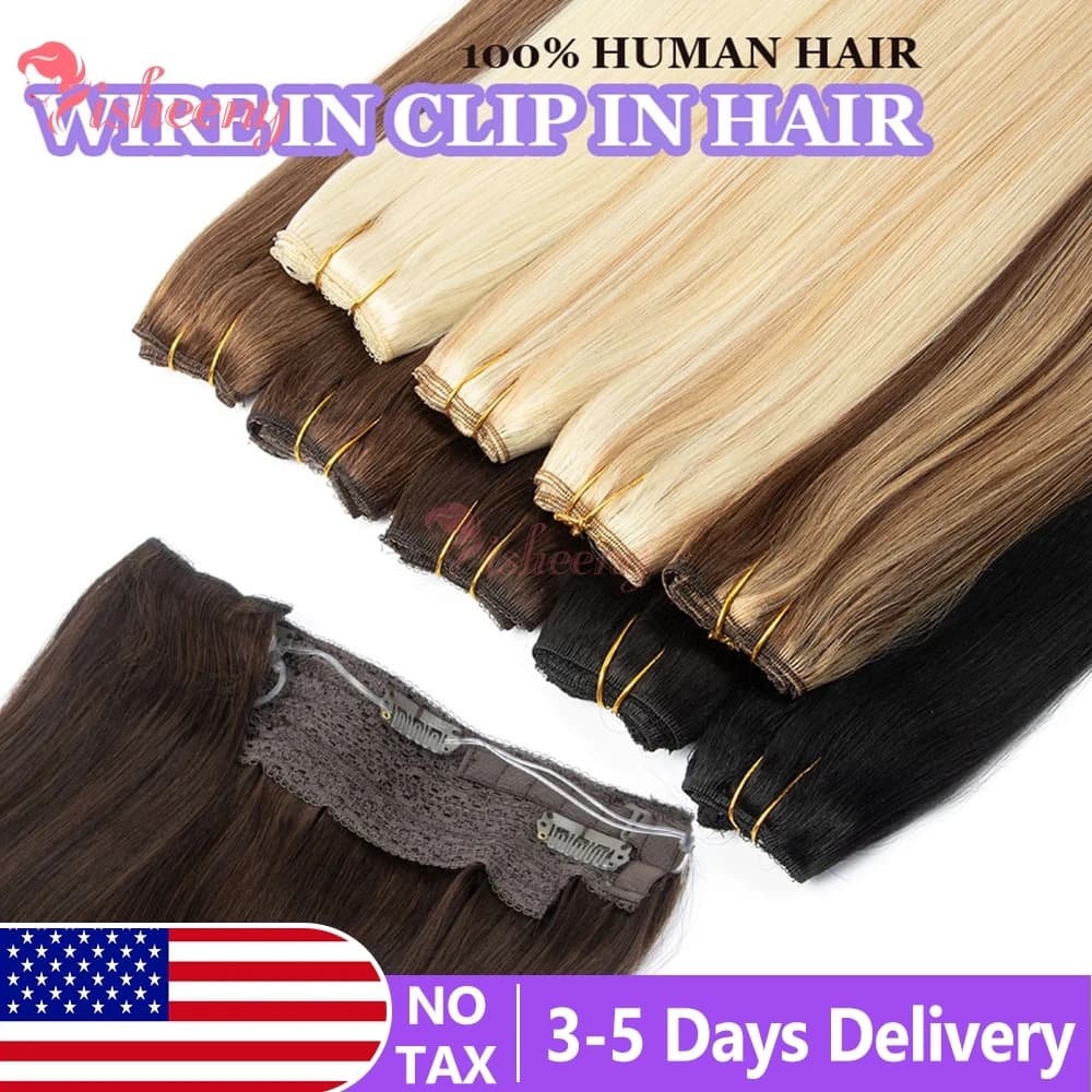 Clip per filo invisibile per fascia in estensioni dei capelli umani Remy al 100% Estensione per testa completa 14 "-20" Capelli con clip dritta naturale Un pezzo