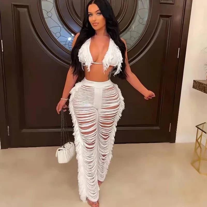 Abiti da club in due pezzi con nappe lavorate a maglia sexy per le donne Abbigliamento da spiaggia Abiti da rave estivi Vacanza Set da 2 pezzi Set coordinati da donna 2024