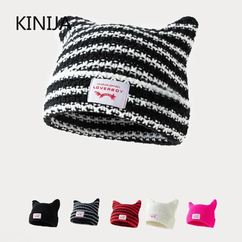 Cappello Beanie Lavorato a Maglia a Righe Fatto a Mano Stile Y2K con Orecchie da Gatto, Cappello Invernale Caldo per Uomo e Donna, Design Kawaii