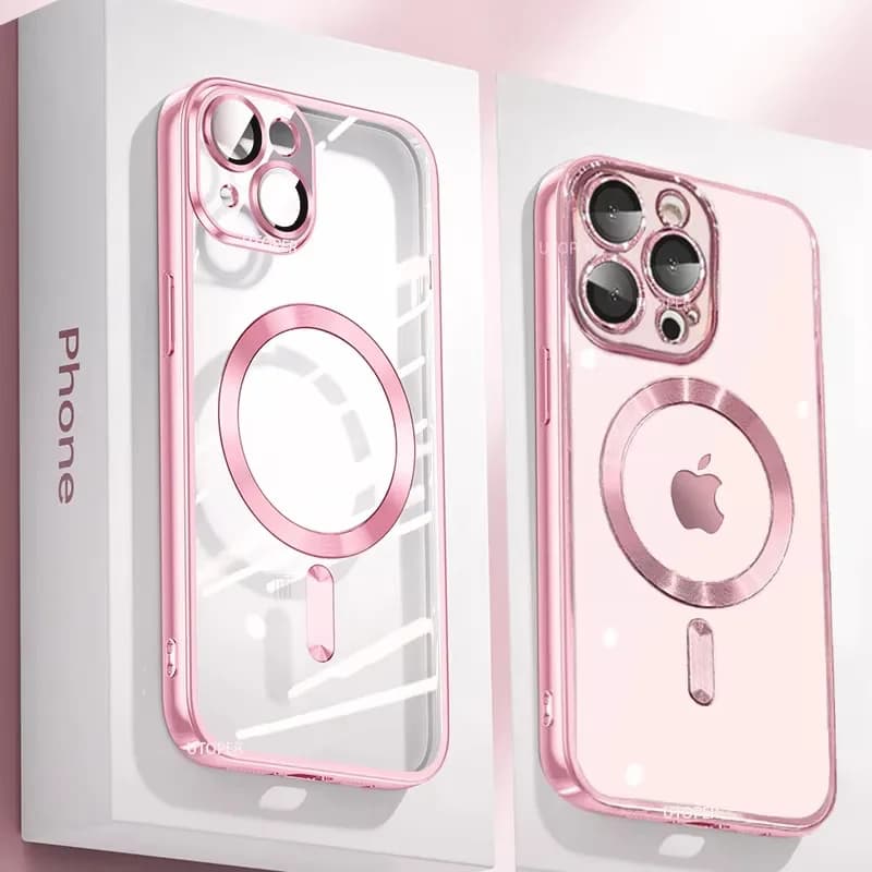 Custodia in silicone ultrasottile con placcatura trasparente per iPhone 16 15 14 13 12 11 Pro Max 16 Plus Magsafe Pellicola per lenti magnetiche Proteggi la copertura Rosa