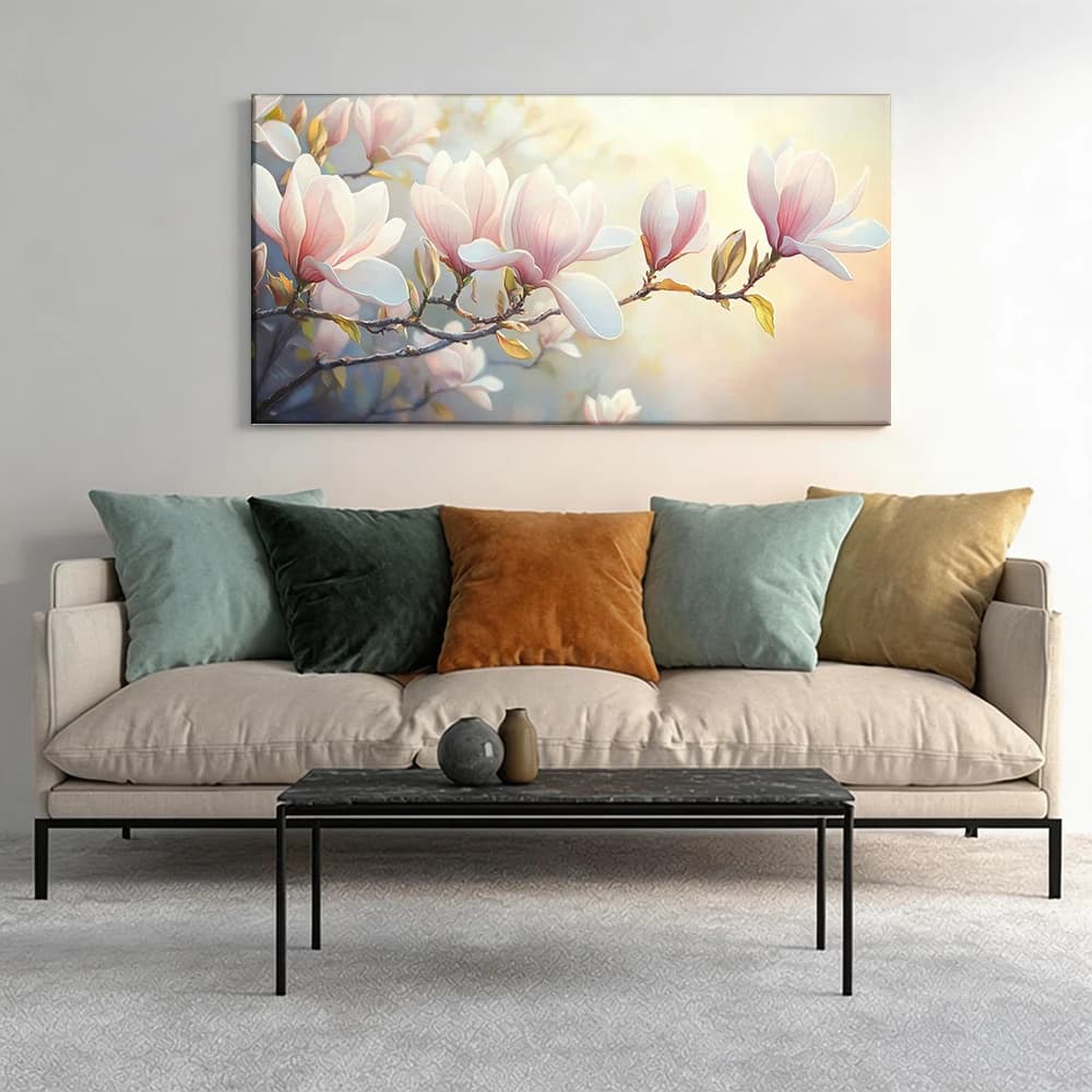 Painted on canvas with large wooden frame, 1 piece, pink magnolia flowers, soft light.
