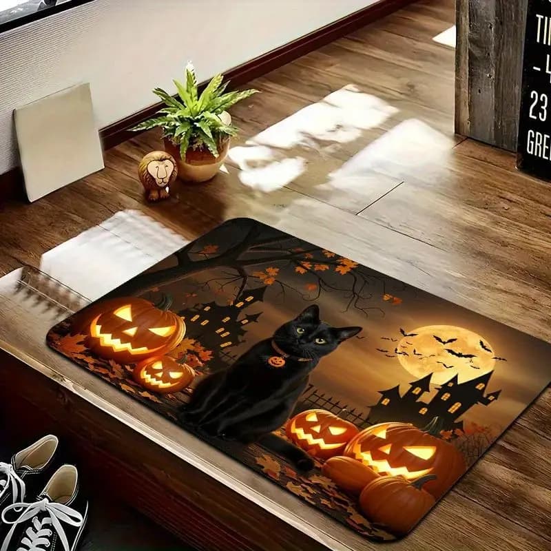 VIKAMA Black Cat Pumpkin Welcome Doormat Water Absorbing Non Slip Entryway Floor Rug Bedroom Indoor Home Decor Mat