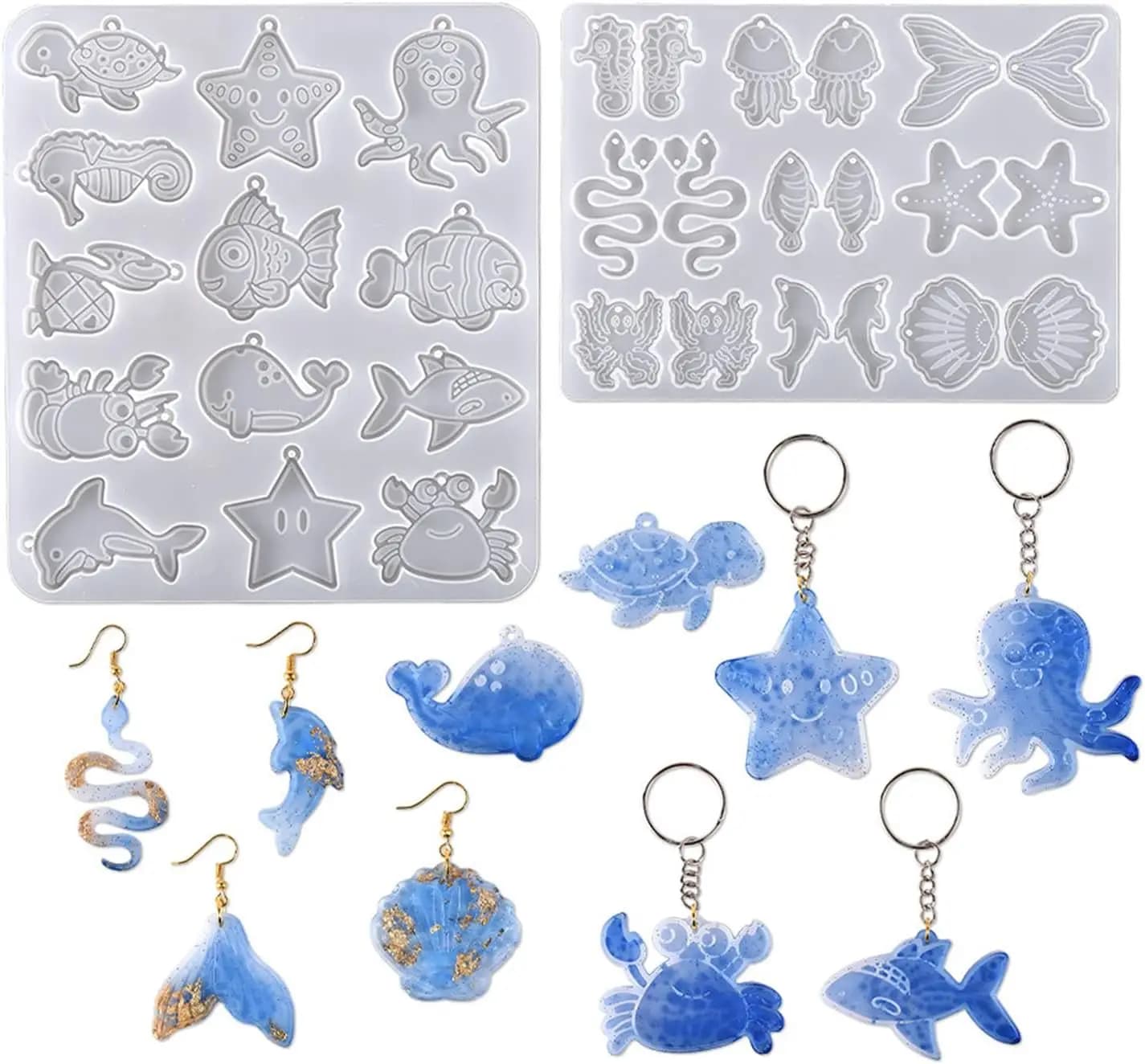 2 pz- Stampi per orecchini per gioielli in resina, serie Ocean, conchiglie, tartarughe, granchi, gamberi, delfini, portachiavi, stampi pendenti, articoli da regalo