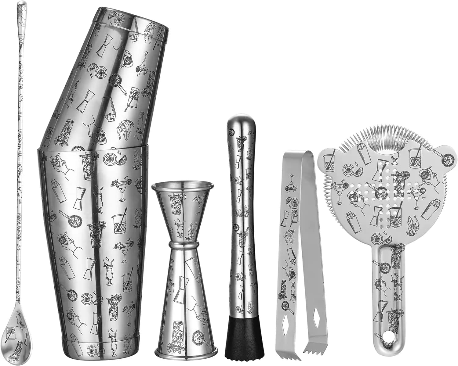 Set da cocktail da 7 pezzi in acciaio inossidabile per cocktail/tatuaggio hawaiano, shaker, jigger, cucchiaio e colino stagno