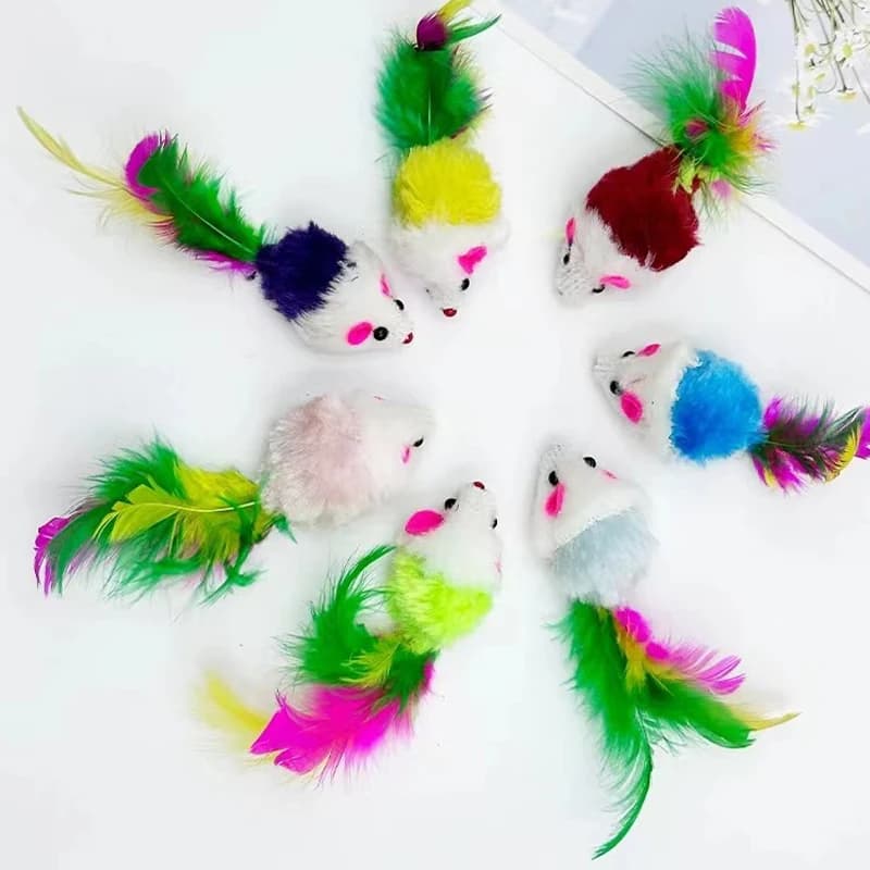 Giocattolo per gatti peluche piccolo topo gatto autofatisficato e resistente ai graffi e morsi piume colorate di topo simulato