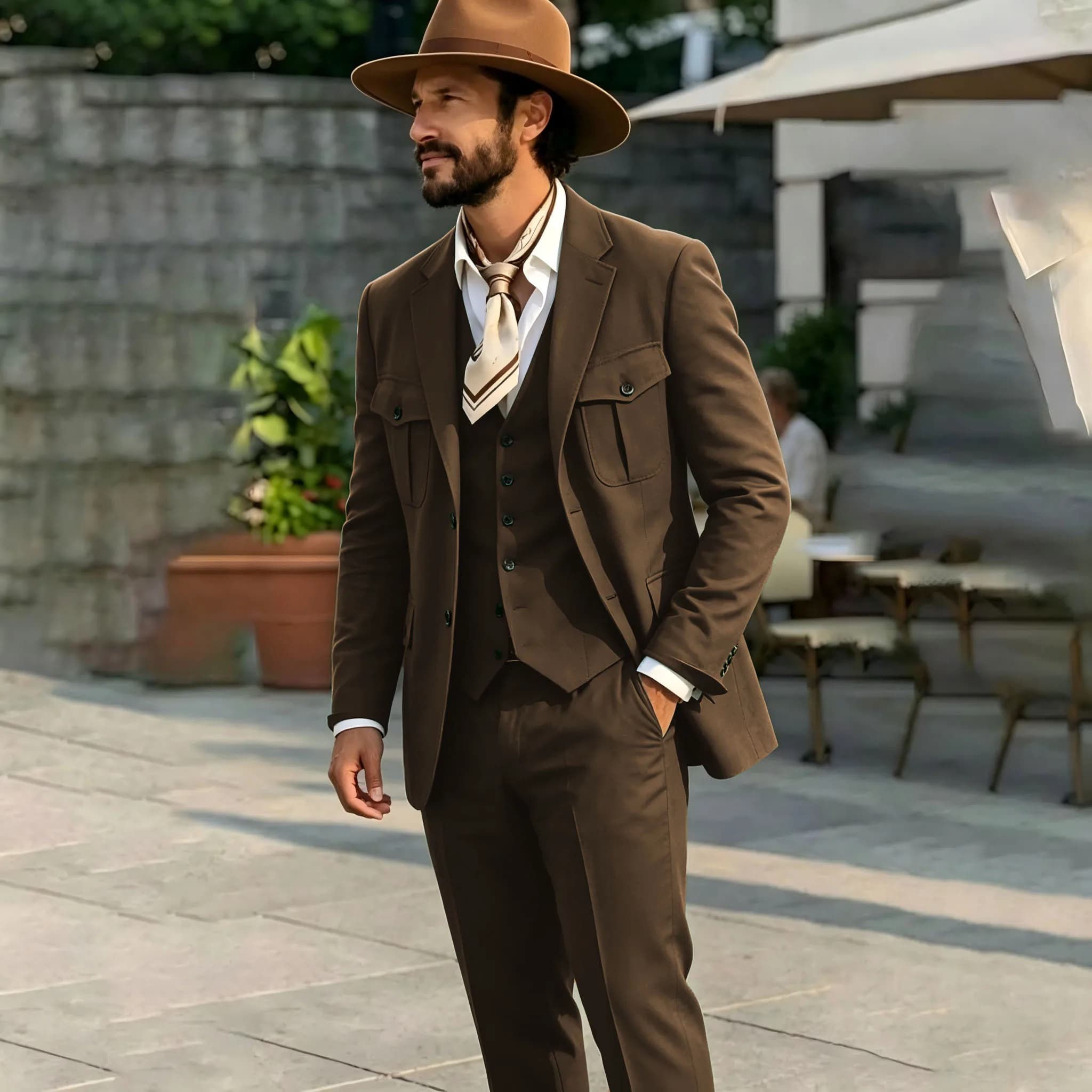 Casual Brown 3 Piece Elegant Men's Suit Jacket Vest Pants Formal Wedding Groom Attire Prom Dinner Party Tuxedos Costume Homme