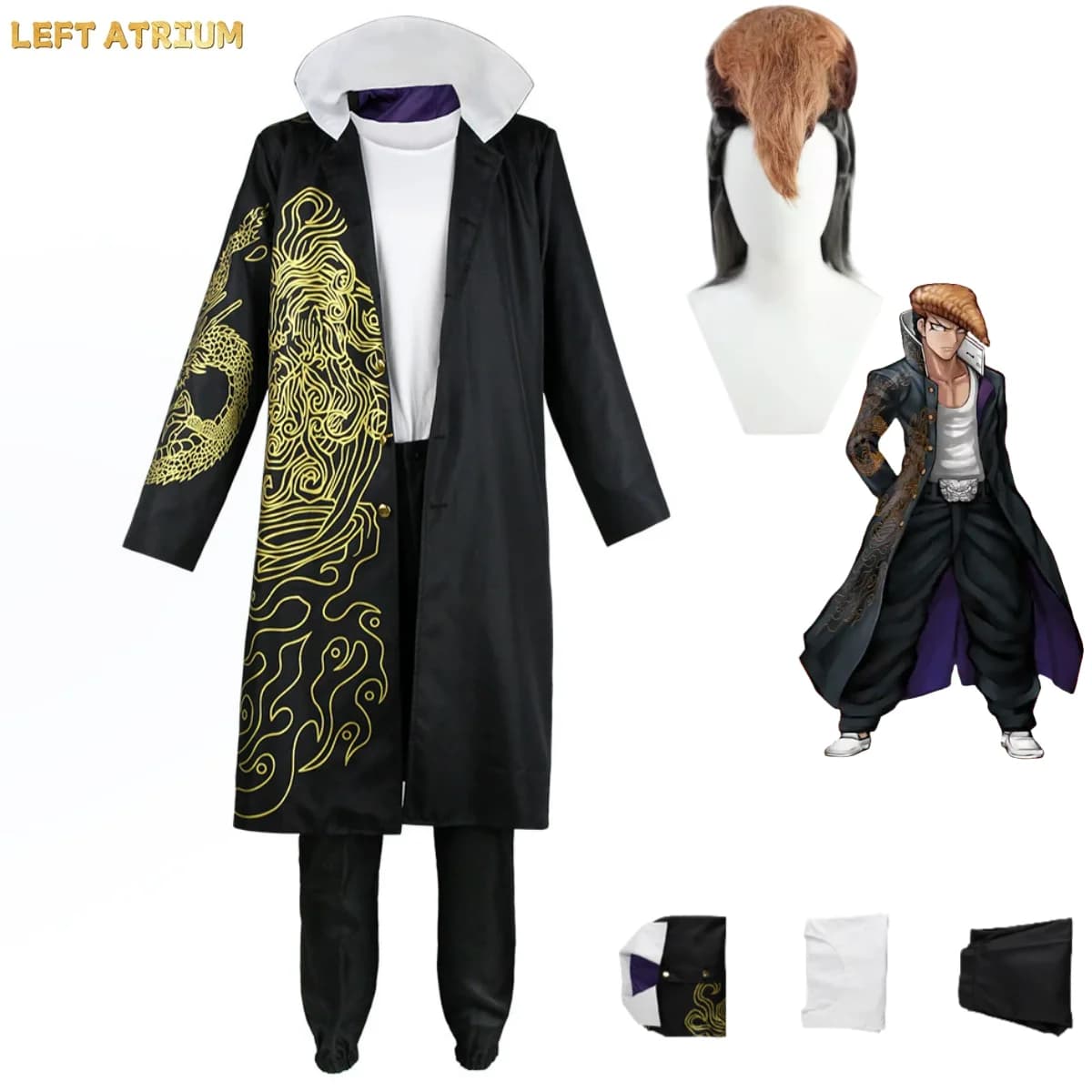 Costume Cosplay Anime Game Mondo Owada, Mantello Nero a Maniche Lunghe, Cappotto, Uniforme, Parrucca, Completo per Adulti per Halloween e Carnevale