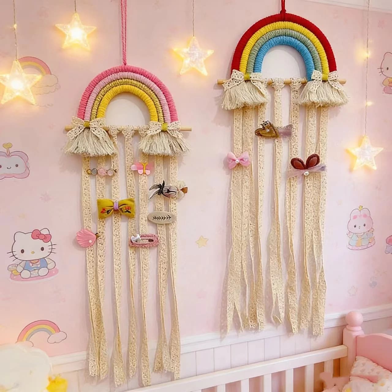 Rainbow Macrame Hair Bows Holder Wall Hanging Baby Hair Accessories Storage Bow Organizer Wall Hanging Boho Decor for Girls Room