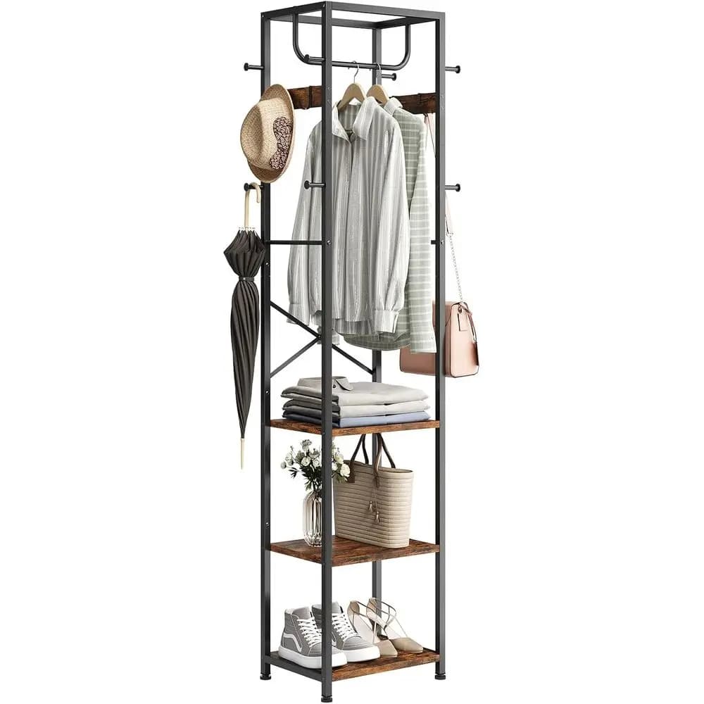 Reestanding Hall Tree with 3 Storage Shelves and 12 Hooks, Industrial Clothes Rack Stand Organizer for Bedroom, Hallway, Entrywa