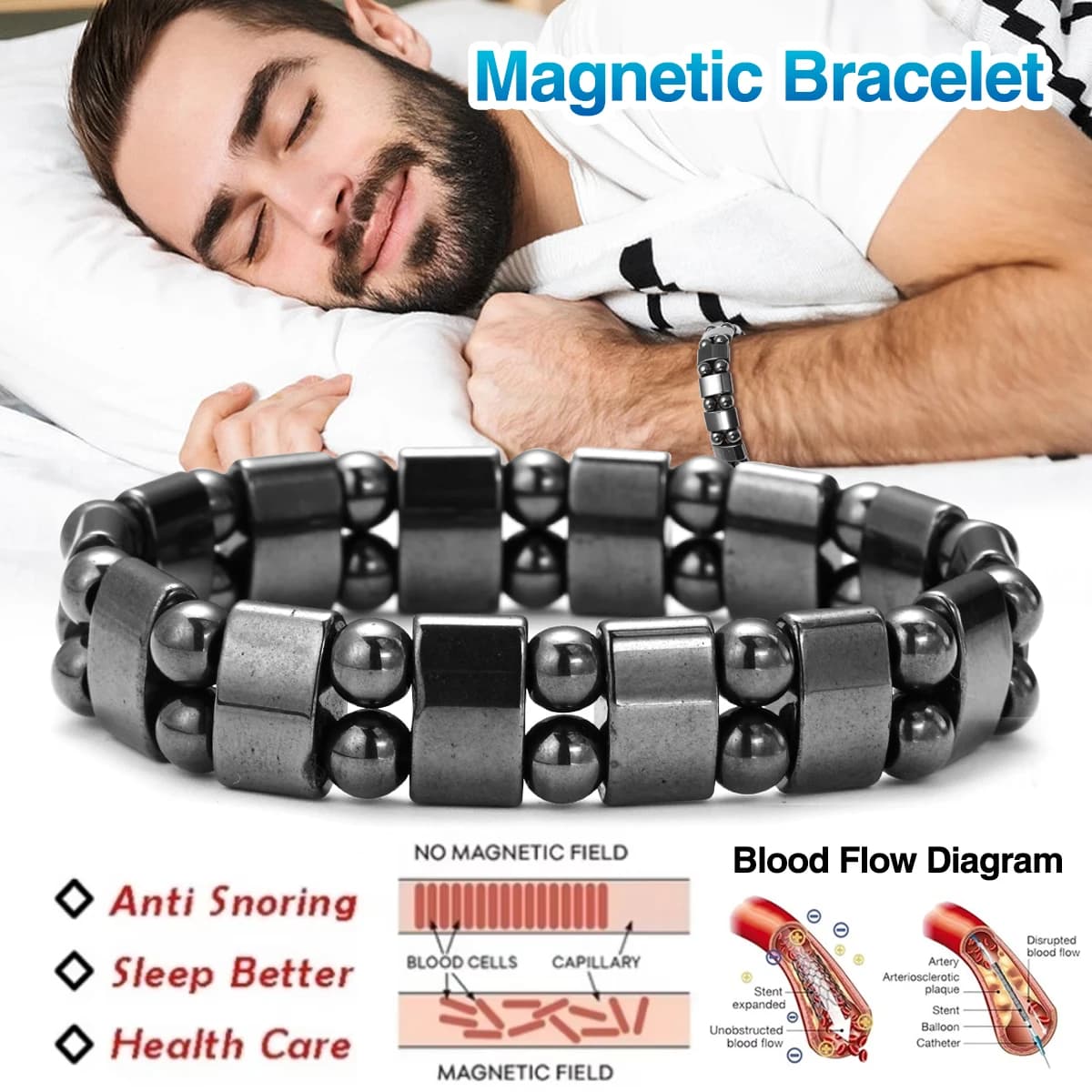 Classic Emated Bracelets with Energy Beads, Elastic Magnetic Therapy for Health and Weight Loss, for Men and Women