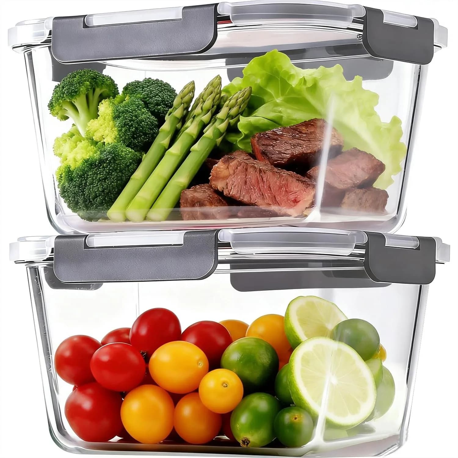 Set di 2 Grandi Contenitori in Vetro con Coperchi, 85oz Ermetici per Pollo allo Spiedo e Preparazione Pasti, Adatti per Microonde e Forno