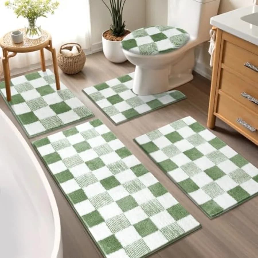 Set di Tappeti da Bagno a Quadri 5 Pezzi, Antiscivolo, Ultra Assorbenti in Microfibra, Lavabili in Lavatrice, Morbidi e Soffici