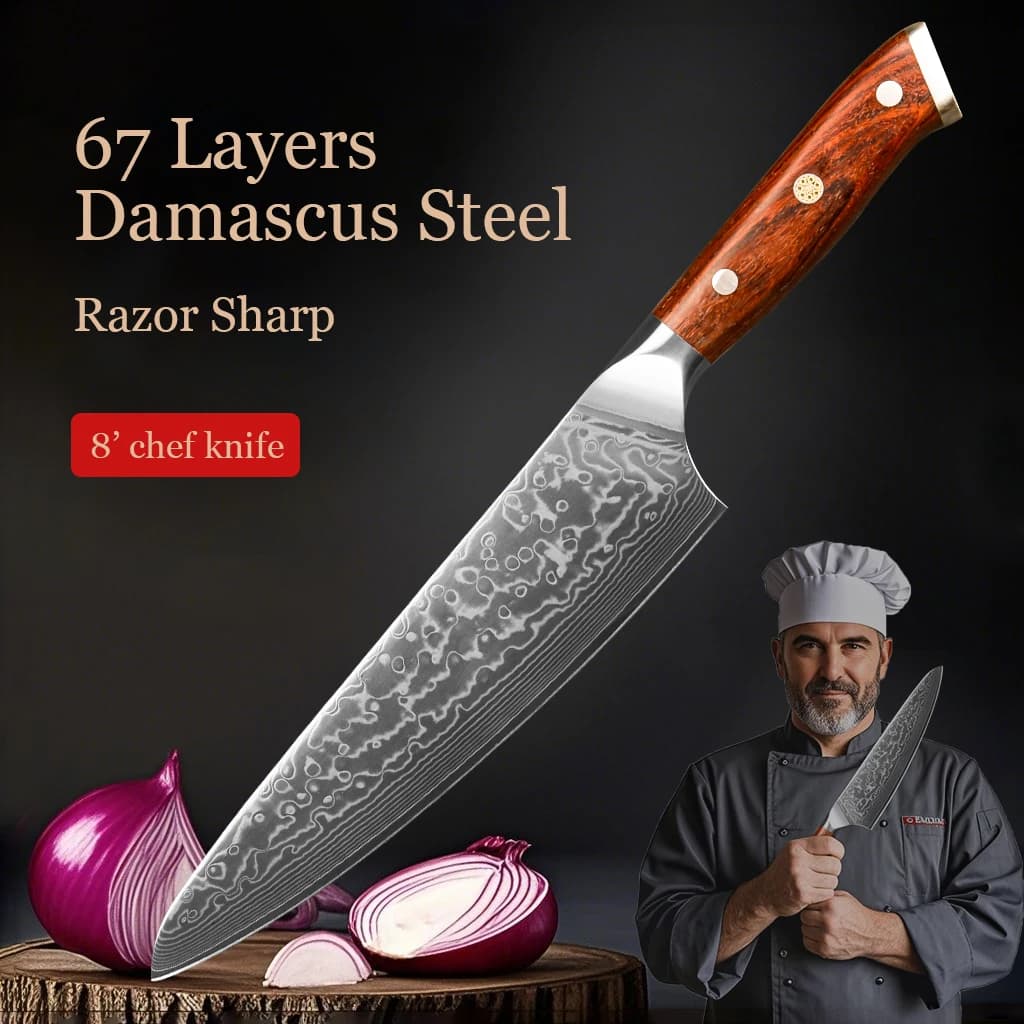 Coltello da cucina professionale Coltelli da chef forgiati giapponesi in acciaio damasco Acciaio inossidabile Santoku Taglierina da cuoco Manico in palissandro