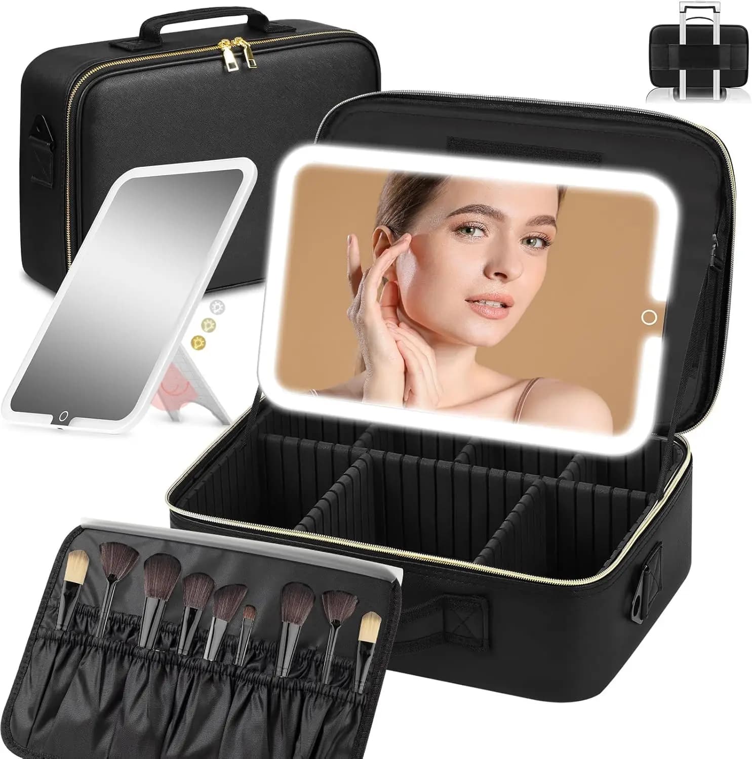 Large Travel Bag for Makeup with LED Mirror, Adjustable Dividers and Brush Door, Waterproof PU Leather, Black
