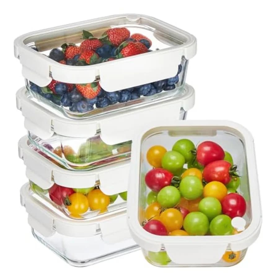 Set di 5 contenitori in vetro da 35oz per alimenti con coperchi in vetro e valvola di sfiato, set di contenitori per la preparazione dei pasti, contenitori riutilizzabili per il pranzo e per il conservazione degli avanzi.