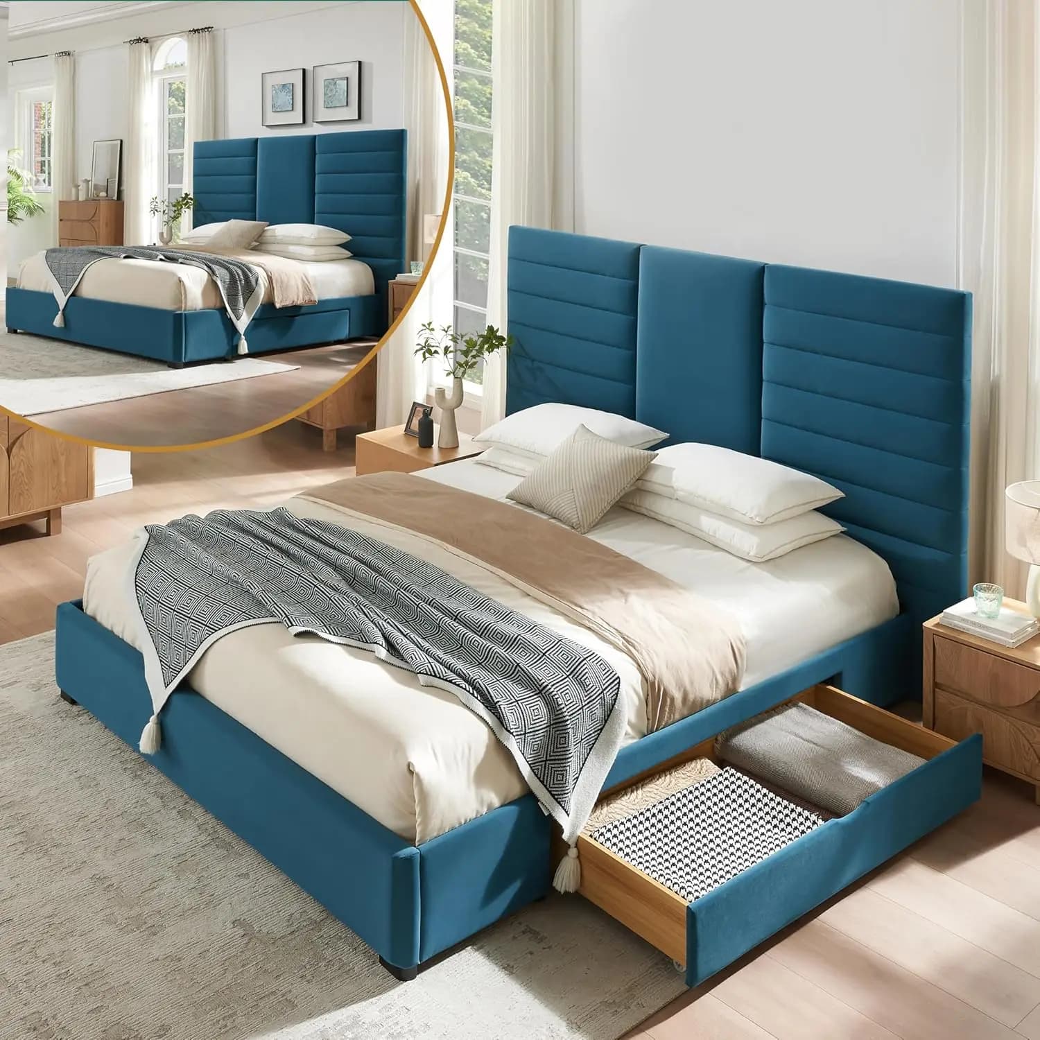 Struttura letto con 2 cassetti portaoggetti Testiera imbottita in velluto Base per materasso completamente imbottita Supporto per doghe in legno resistente