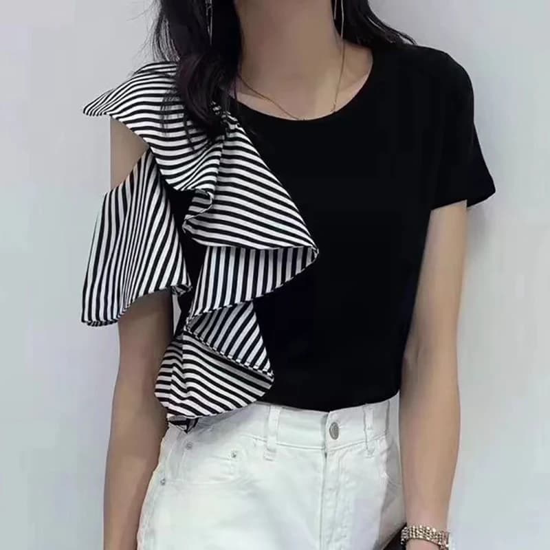Moda O-Collo Spliced Ruffles Off Spalla Camicette Abbigliamento donna 2025 Estate Nuovo Allentato Casual Magliette e camicette Camicie Asimmetriche