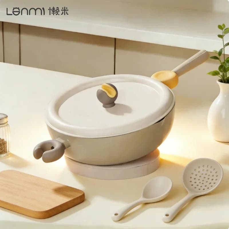 LANMI Padella Wok da 28CM a Fondo Piatto con Manico Staccabile, Antiaderente, a Basso Contenuto di Fumo, per Cucina e Fornelli Universali