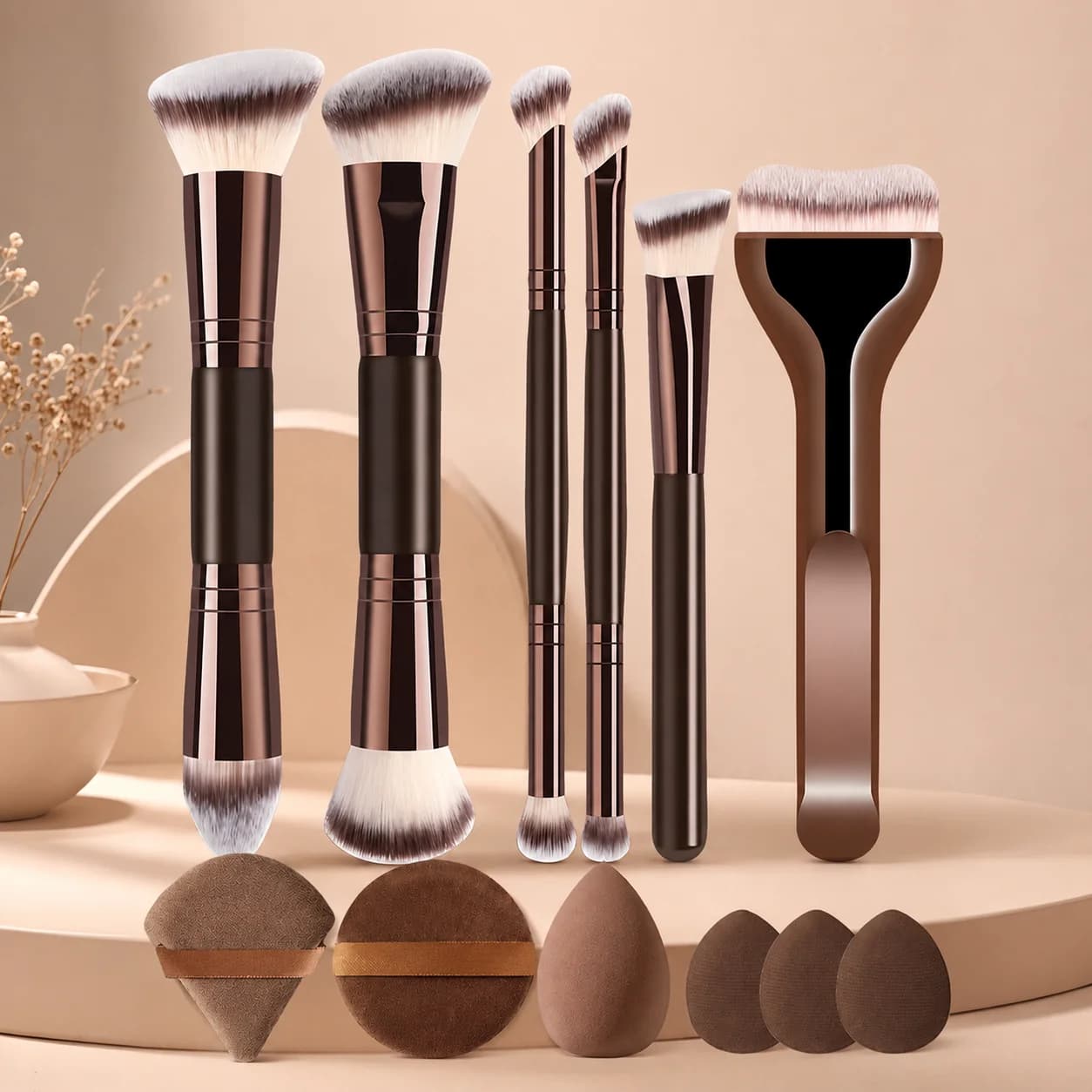 12-Piece Makeup Brush Set With 6 Flat and Round Brushes and 6 Sponges for Foundation, Powder, Blush and Eyeshadow