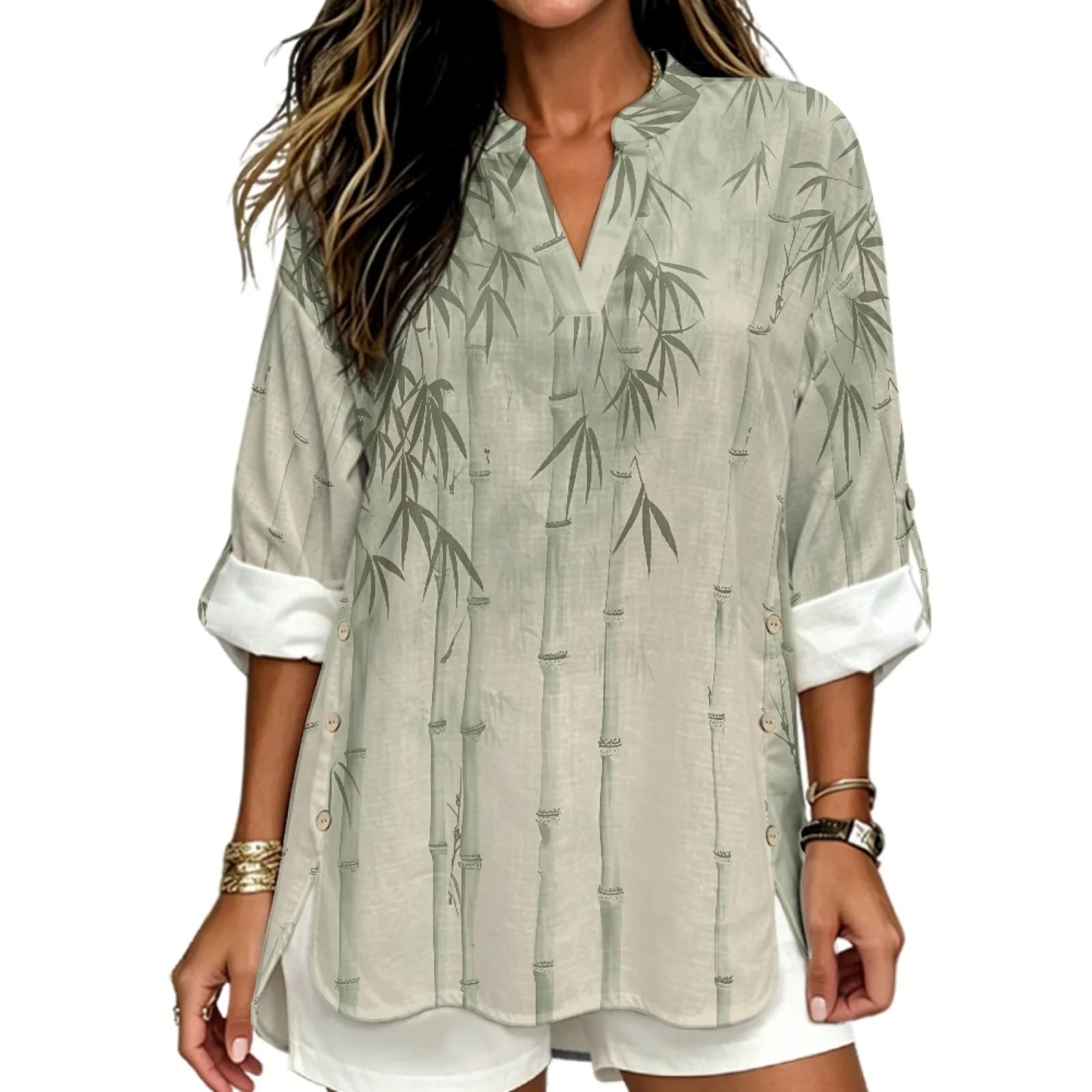 INSTANTARTS Women'S Linen V-Neck Shirt Breathable Long-Sleeved Top Blouse Roll-Up Cuff Lightweight Comfortable Soft Retro Bamboo