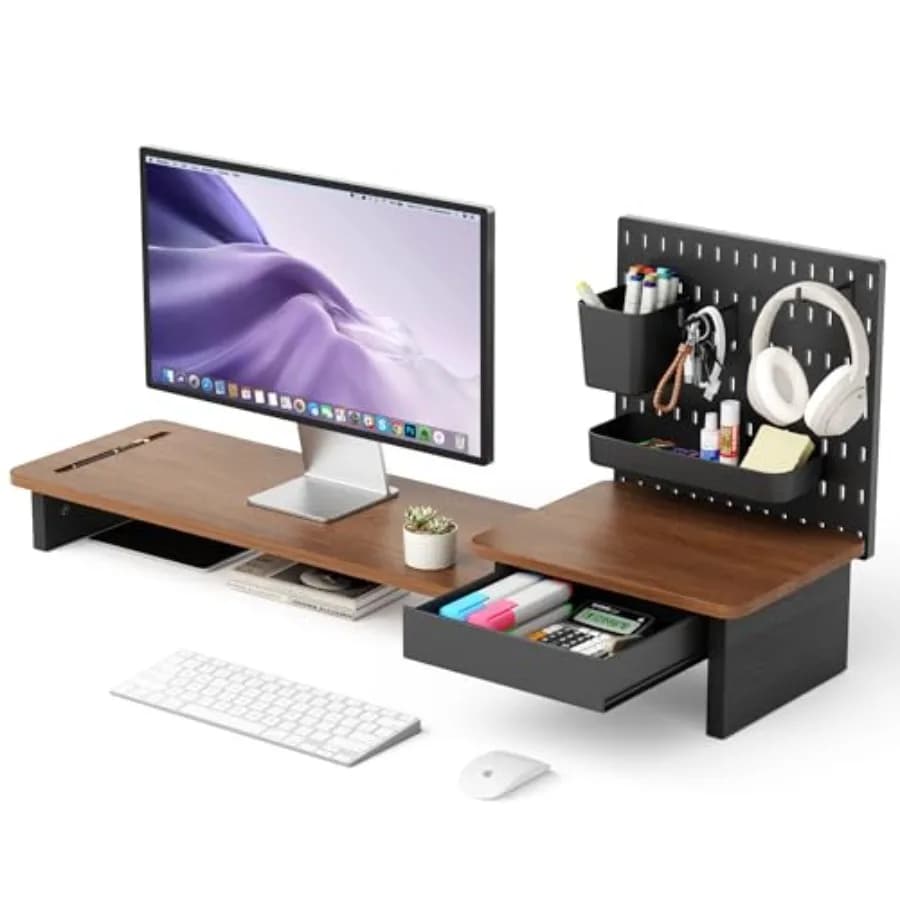 Supporto per Monitor con Pannello Forato Fai-da-Te e Cassetto per Laptop, PC, Computer, Stampante in Finitura Noce