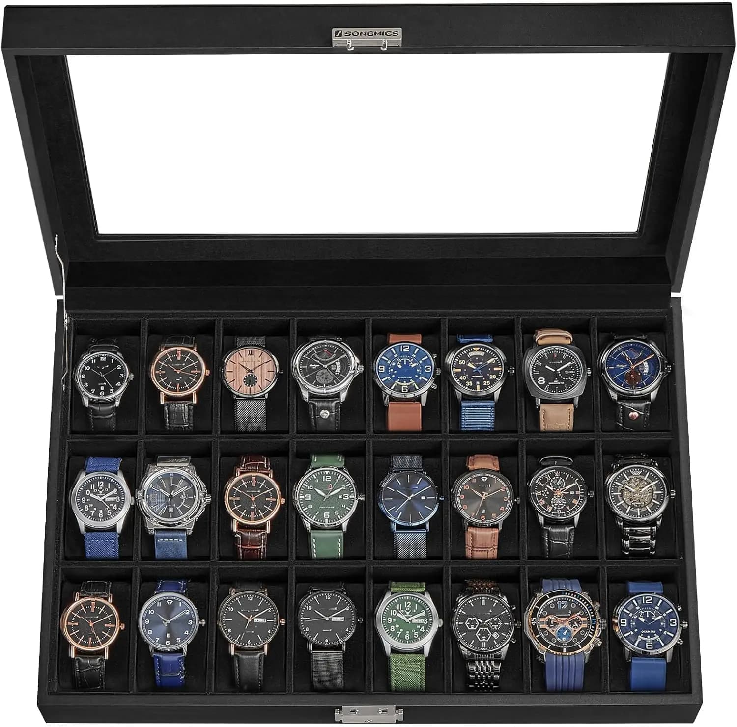 24 compartment watch box with lockable glass lid, gift for watch lovers, black leather ink
