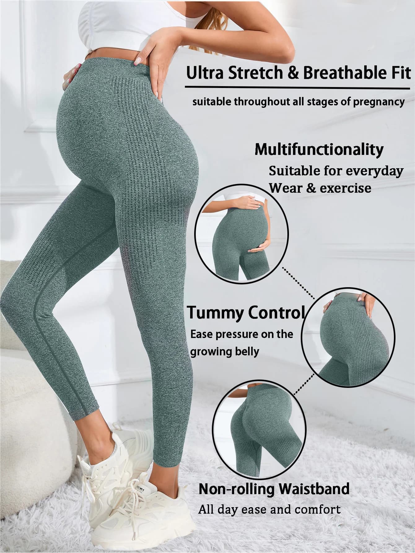 Heather Gray Seamless Maternity Yoga Leggings High Waist Belly Support Breathable Mesh Butt Lift Stretch Workout Pregnancy Sport
