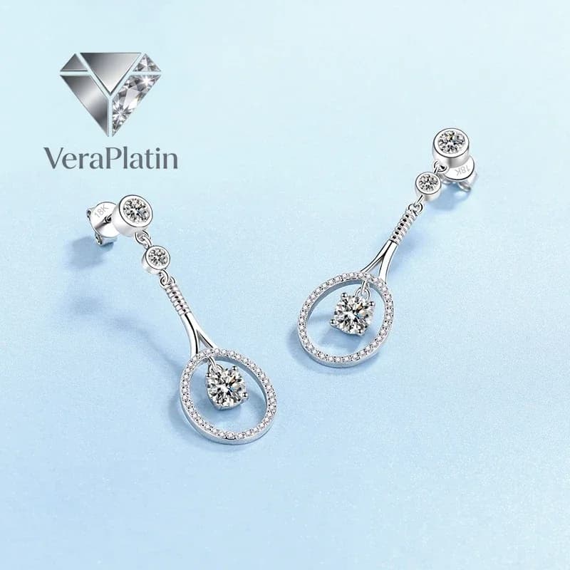 Orecchini Pendenti VeraPlatin a Forma di Racchetta da Tennis in Oro Bianco 18K con Diamante Moissanite 1CT, Regalo di Compleanno per Ragazze, Platino PT950