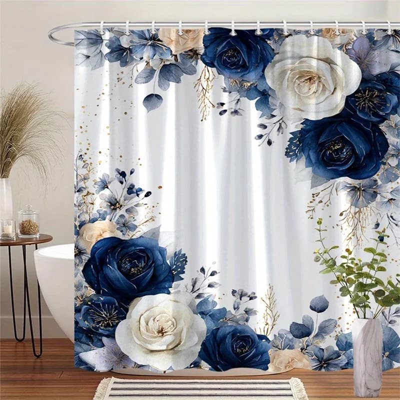 1 Elegant Blue Peach Rose Lace Shower Curtain - White Background Gold Trim with Hook Machine Washable Polyester Material