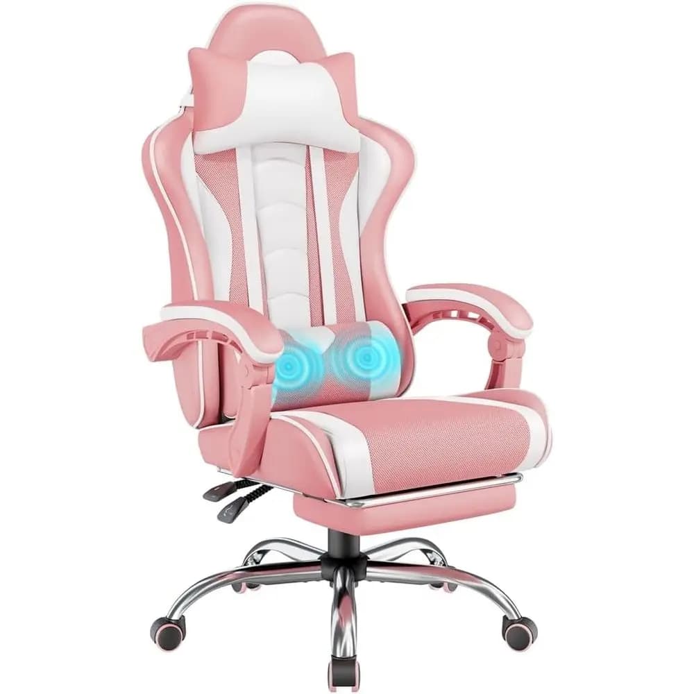 Sedia da Gaming Ergonomica Girevole con Massaggio, Supporto Lombare, Altezza Regolabile e Design Rosa/Bianco