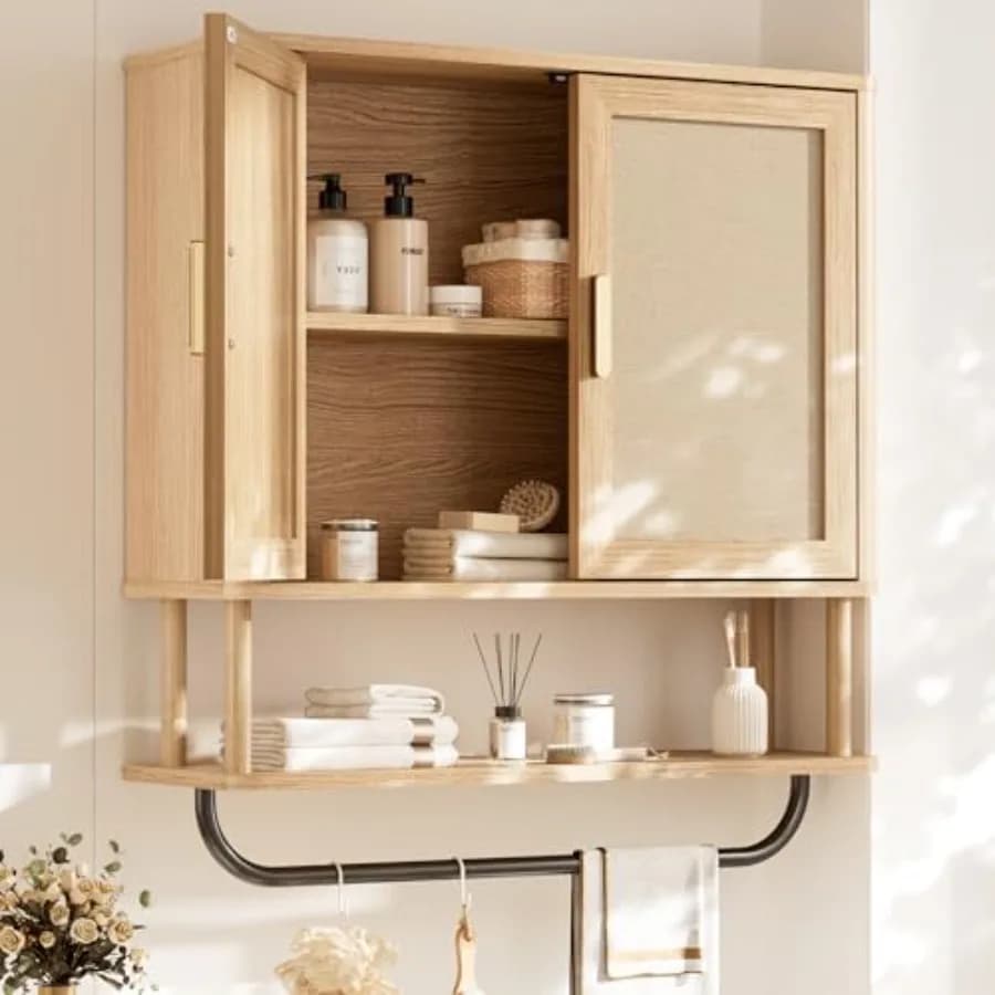 Mobiletto da Bagno in Rattan con Portasciugamani, Armadietto Sopra il WC per Lavanderia, Cucina, Soggiorno, Montaggio a Parete M