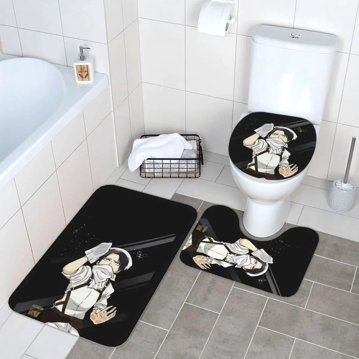 Levi Ackerman Attack On Titan Tappetino da bagno 3 pezzi Set da bagno Copri coperchio per WC Decorazioni per la casa Tappeto antiscivolo