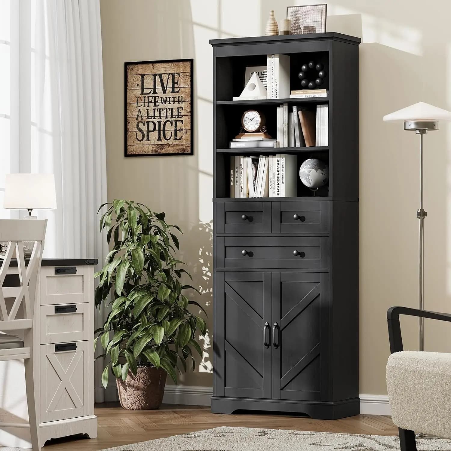5-Tier Tall Bookshelf with Doors & Adjustable Shelves, Rustic Black Wooden Storage Cabinet, Farmhouse Display Organizer for Home