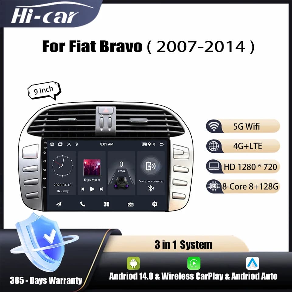 2Din Car Radio For Fiat Bravo 2007-2014 Android 14 Wireless Android auto & Carplay Multimedia Player Stereo Audio GPS Navigation