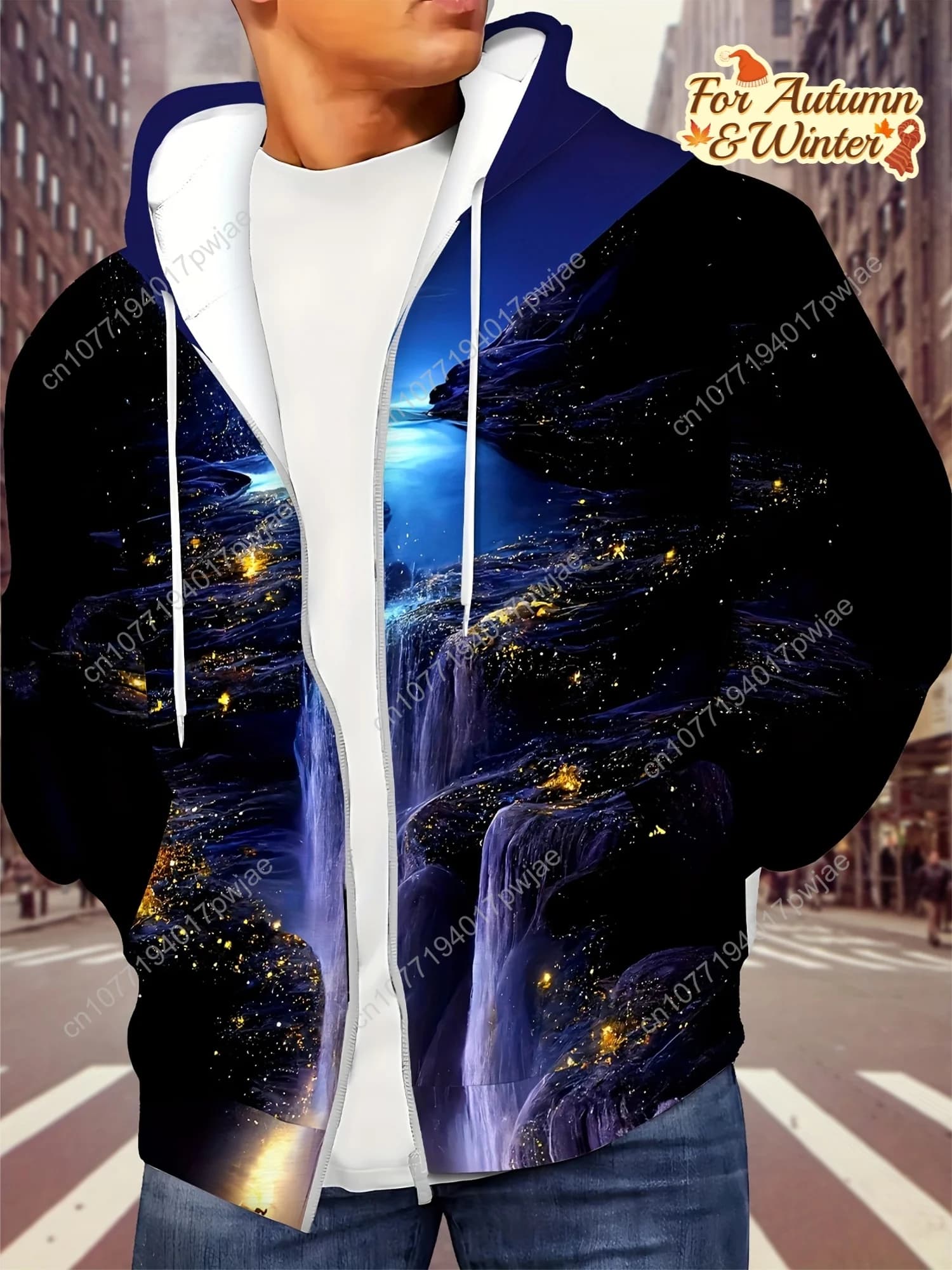 Men's hoodie with Dreamy River print: long sleeve zipper with drawstring, pockets, casual outdoor jacket for autumn and winter, autumn W