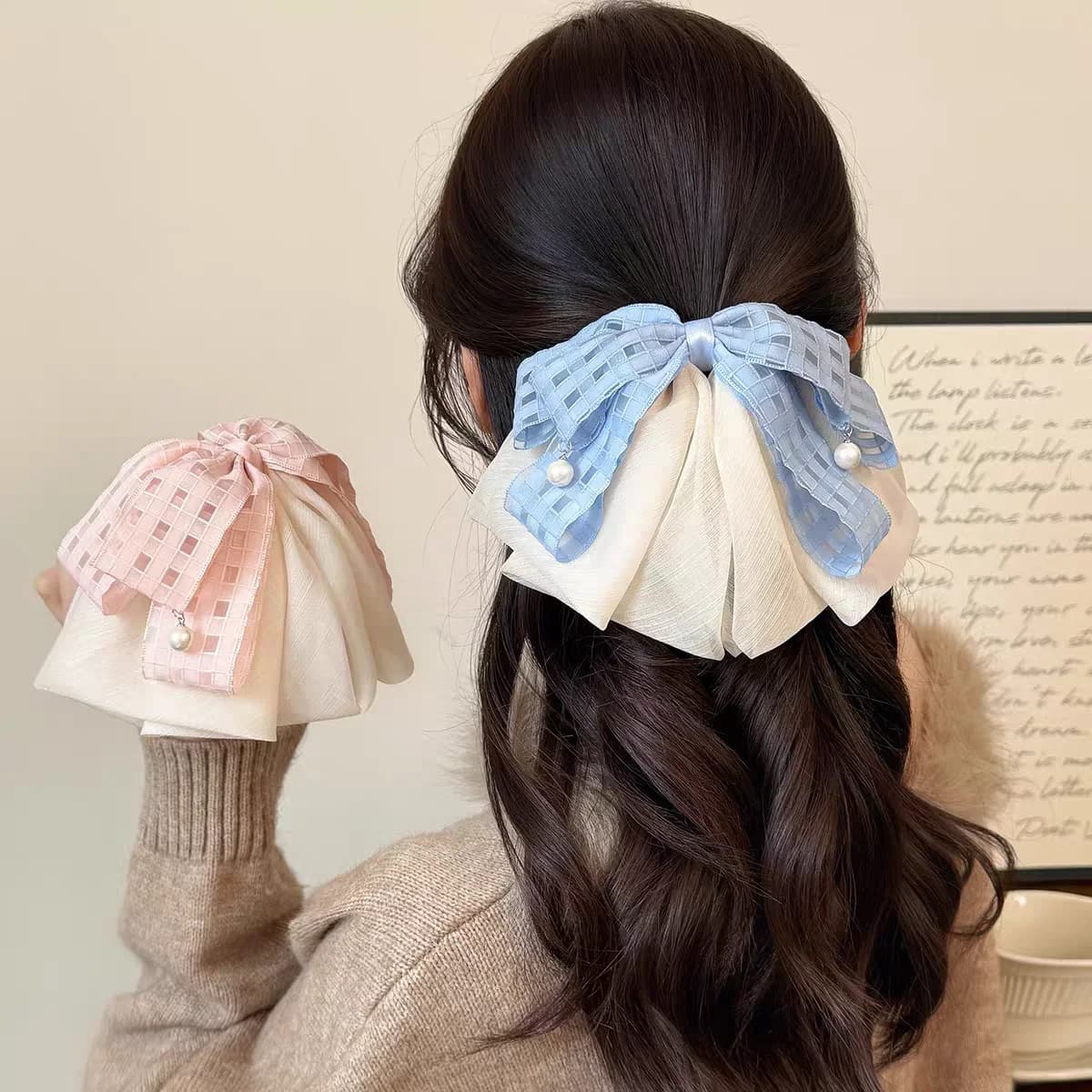 1 Pezzo Fermaglio per Capelli a Fiocco a Quadri, Grande e Carino, per Donna e Ragazza, Rosa/Blu, Clip a Squalo per Coda di Cavallo, Accessori per Capelli
